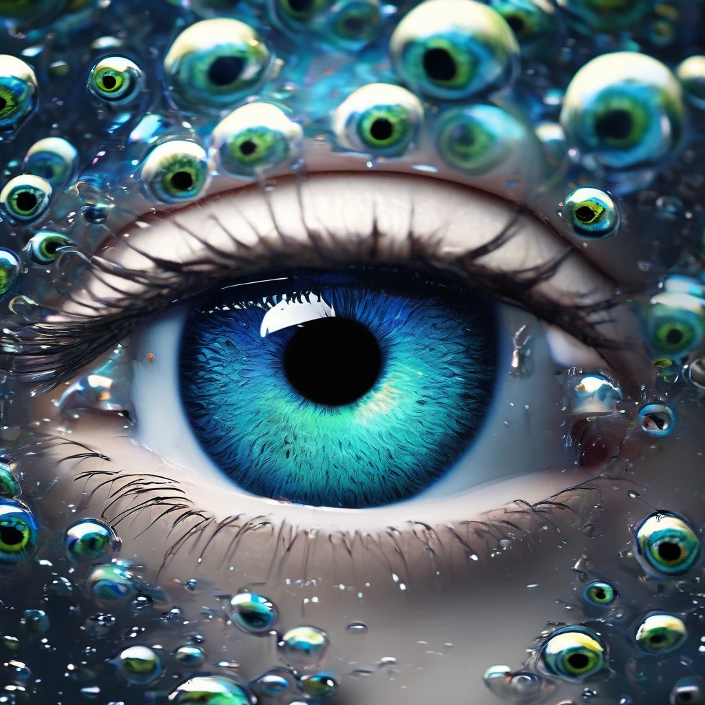 a detailed human head ((full of eyeballs)) in a , cosmic watery dimension using crystal clear effect , ((wet effect)) , shimmering vibrant , blackpitch background using hd , 32k high resolution, clear grahpic , high quality image in 32k resolution.