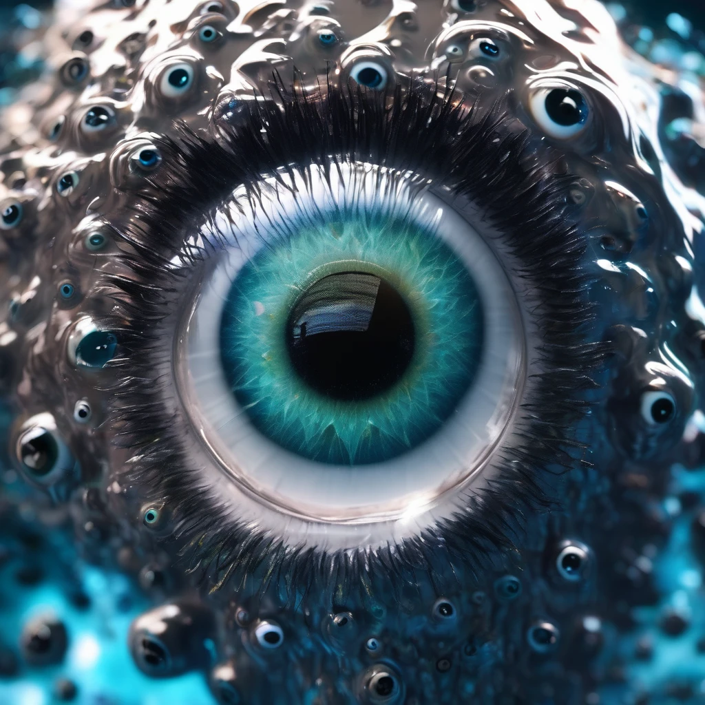 a detailed human head ((full of eyeballs)) in a , cosmic watery dimension using crystal clear effect , ((wet effect)) , shimmering vibrant , blackpitch background using hd , 32k high resolution, clear grahpic , high quality image in 32k resolution.