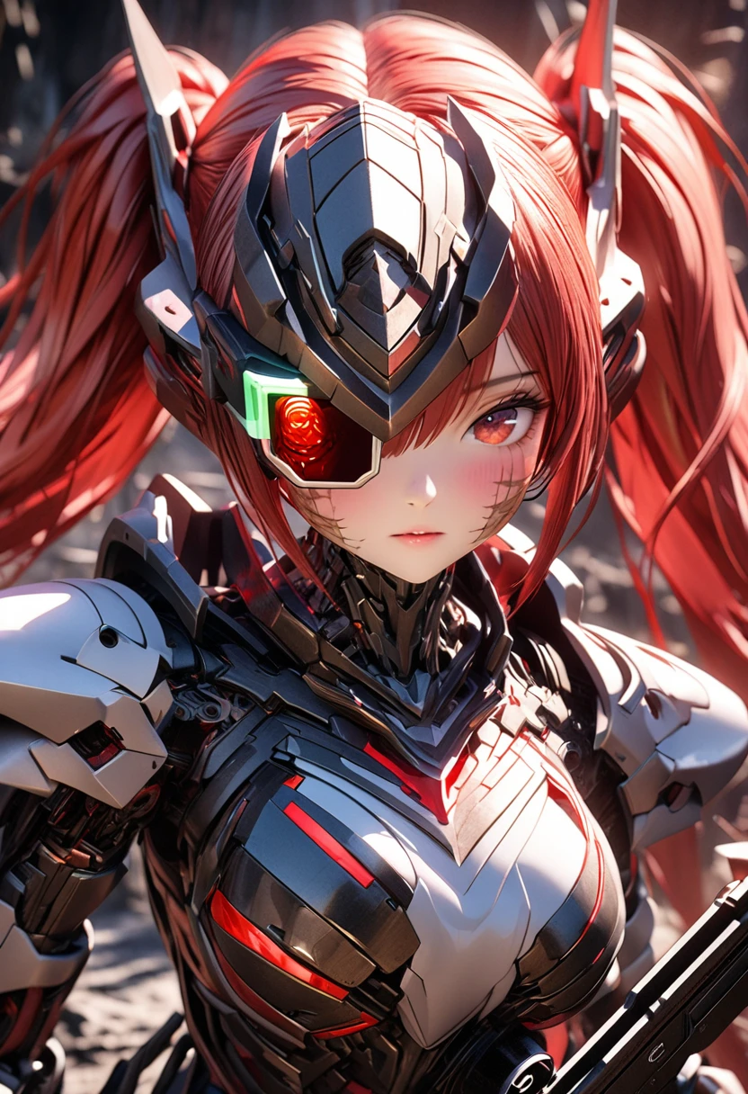 3D digital art from the fantasy world, 1girl, robot girl, red hair, twin tails, red eyes, white and gray camouflage clothing, she wearing flashy robot armor, (holding long range rifle:1.5), a robot-like helmet on the head, scouter in one eye, the skin on half of the face has peeled off, the base of the cyborg is visible, face full of scars, close up face, shot from an angle,High resolution, high precision images, 4k, 8k, best quality, hyper-detailed, intricate details, cinematic lighting, dramatic colors, concept art style
