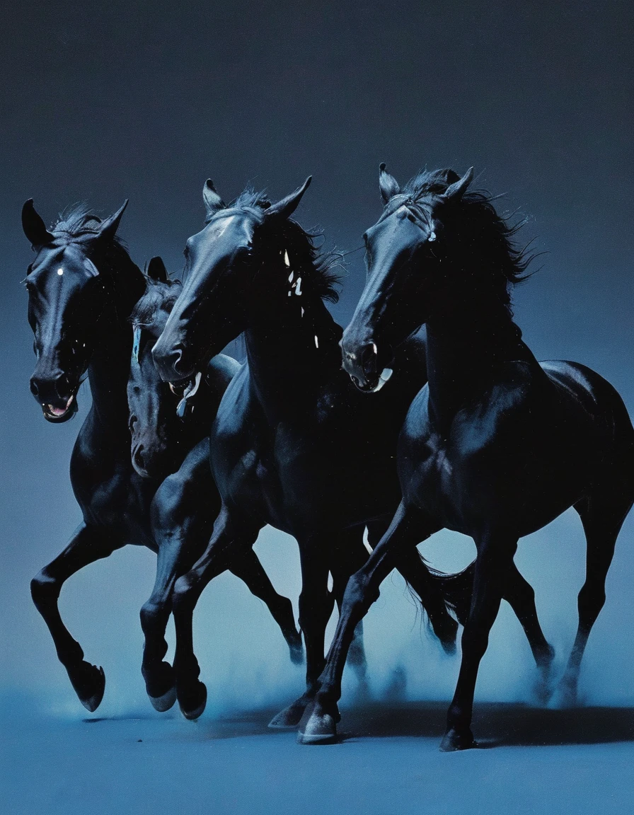 fashion shoot of giant running black horse with three head  in darkness  at night, blue background