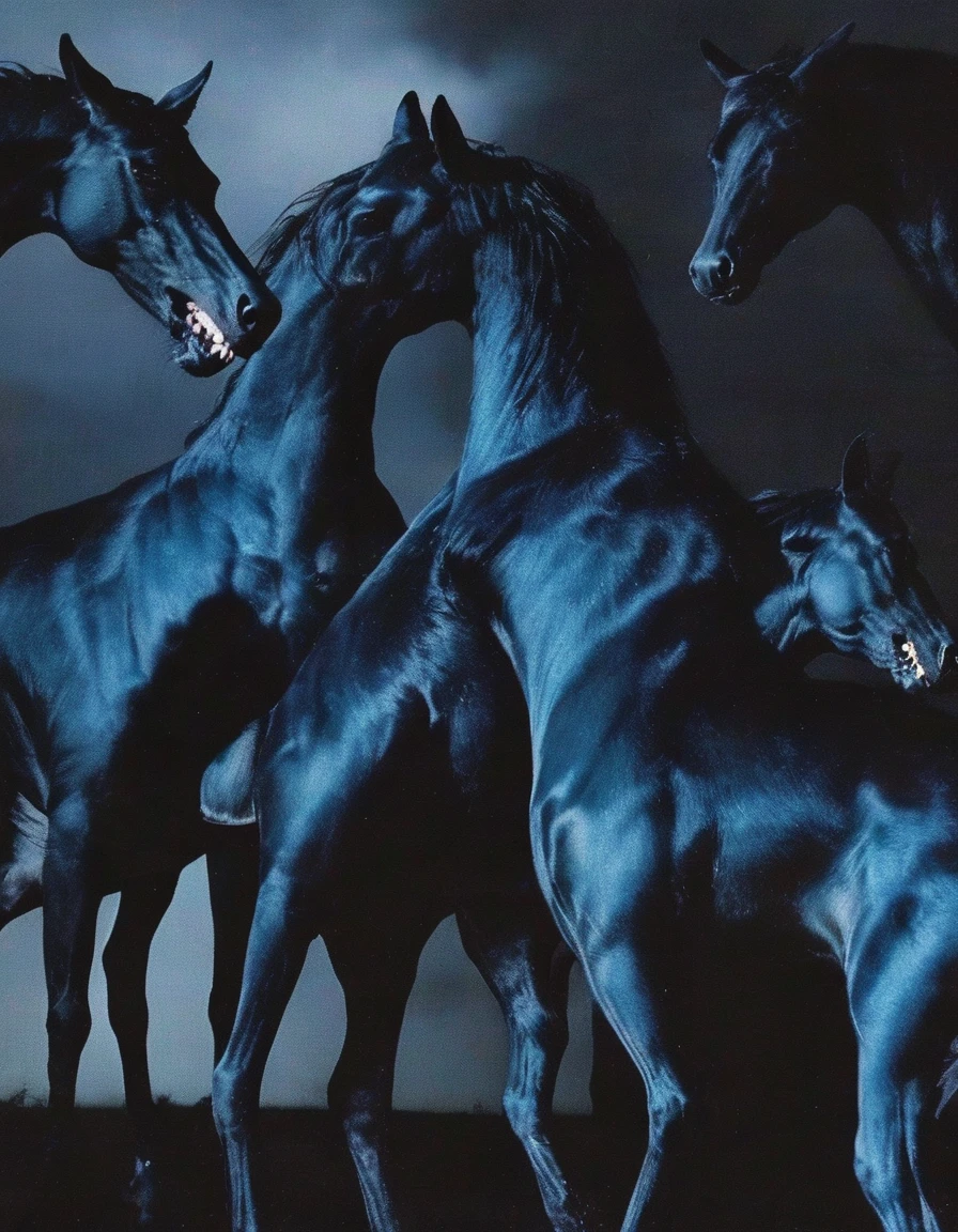 fashion shoot of giant running black horse with three head in darkness at night, blue background