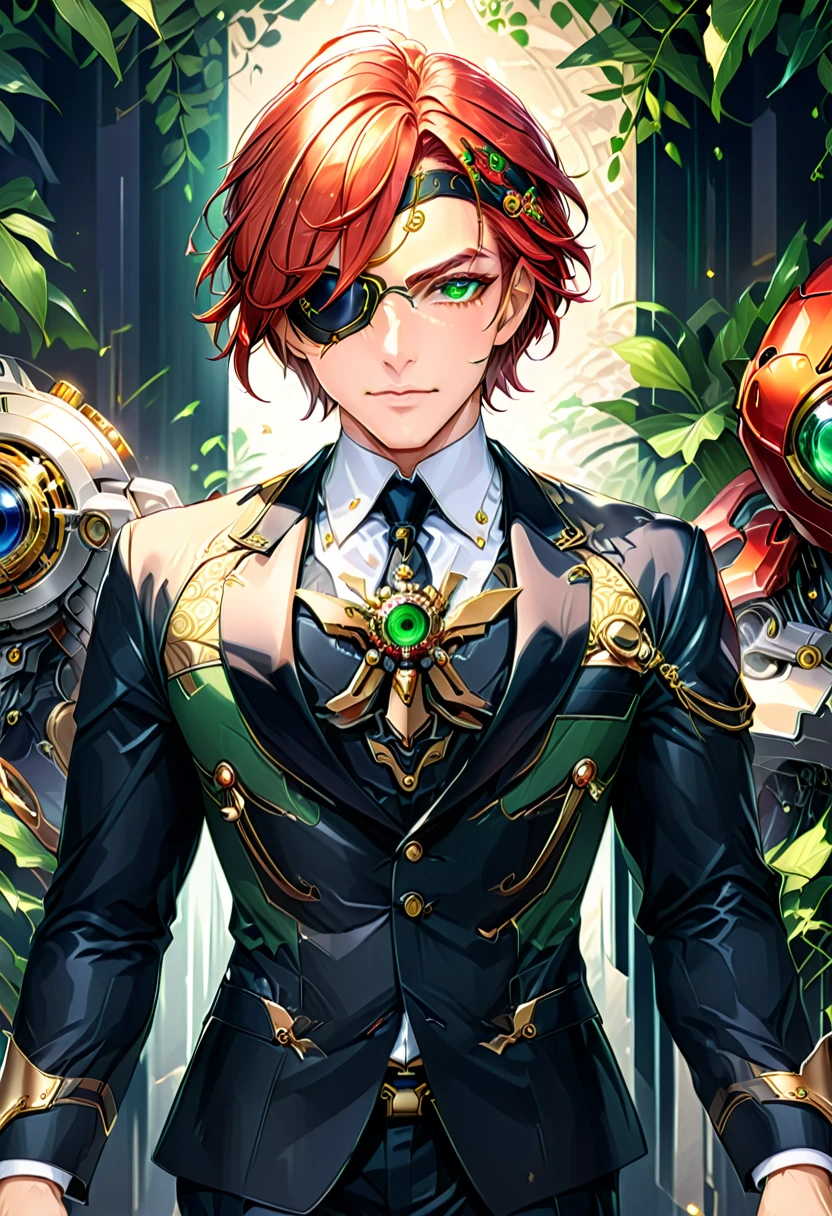 Arafed a picture of a human male spy, wearing dark suit, wearing ((mecha eye patch)), ((eye patch covering only one eye: 1.5))exquisite beautiful male, red hair, short crop hair, green eyes, ((the eye patch has intricate mechanical part in it: 1.4)), high society gala event background, (Masterpiece: 1.5), 16k, highres, best quality, high details, ultra detailed, masterpiece, best quality, (extremely detailed),
