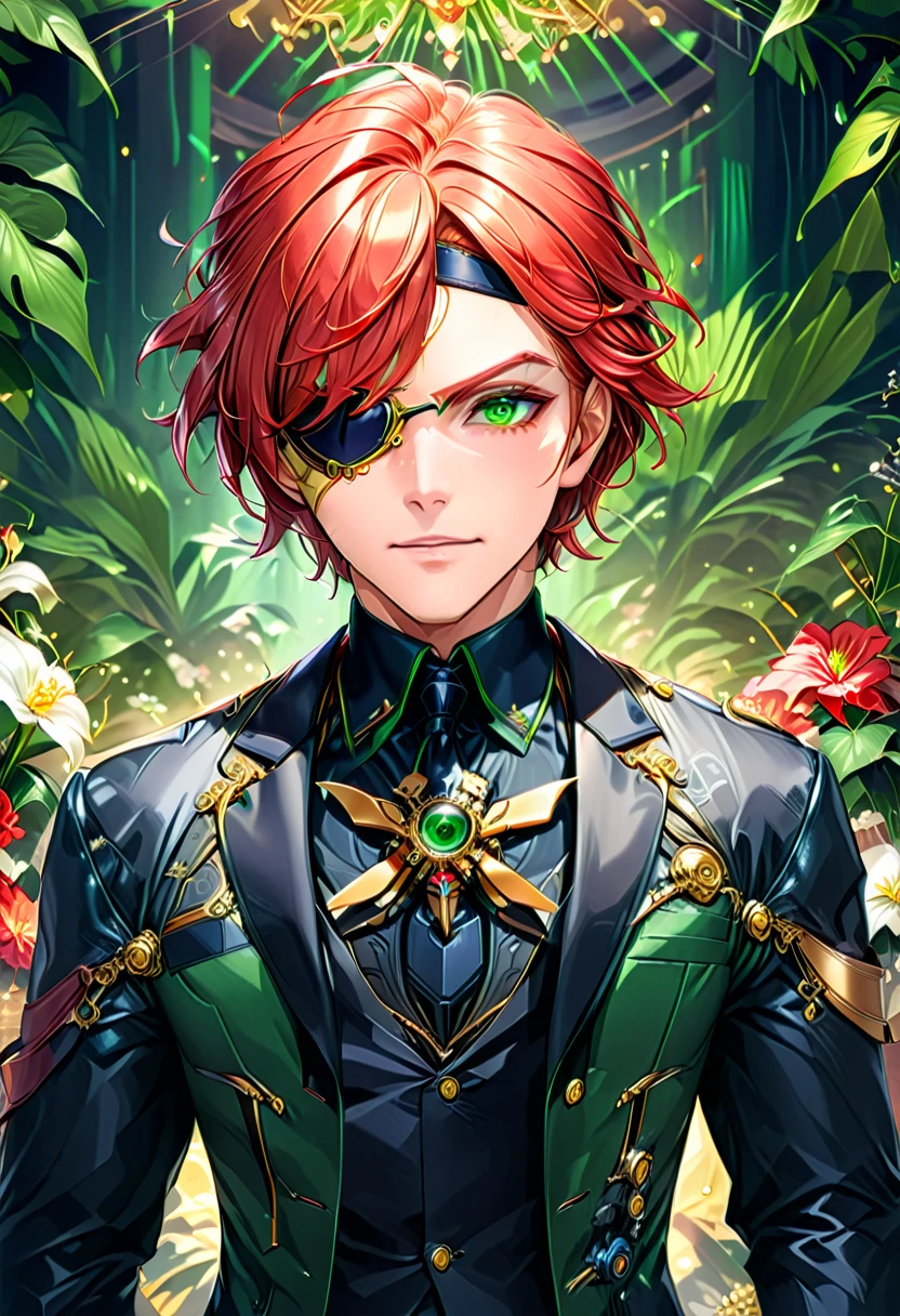 Arafed a picture of a human male spy, wearing dark suit, wearing ((mecha eye patch)), ((eye patch covering only one eye: 1.5))exquisite beautiful male, red hair, short crop hair, green eyes, ((the eye patch has intricate mechanical part in it: 1.4)), high society gala event background, (Masterpiece: 1.5), 16k, highres, best quality, high details, ultra detailed, masterpiece, best quality, (extremely detailed),