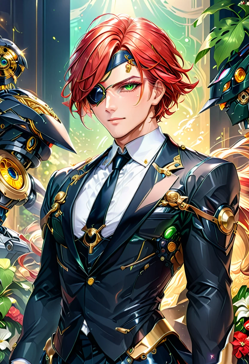 Arafed a picture of a human male spy, wearing dark suit, wearing ((mecha eye patch)), ((eye patch covering only one eye: 1.5))exquisite beautiful male, red hair, short crop hair, green eyes, ((the eye patch has intricate mechanical part in it: 1.4)), high society gala event background, (Masterpiece: 1.5), 16k, highres, best quality, high details, ultra detailed, masterpiece, best quality, (extremely detailed),