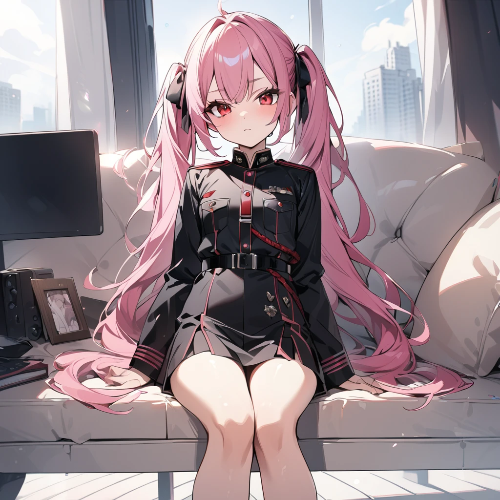 High quality, HD, 4k, Beautiful girl, teenager, pink hair, red eyes, twintailed, small breast, black military uniform