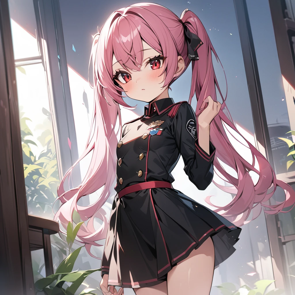 High quality, HD, 4k, Beautiful girl, ager, pink hair, red eyes, twintailed, small breast, black military uniform