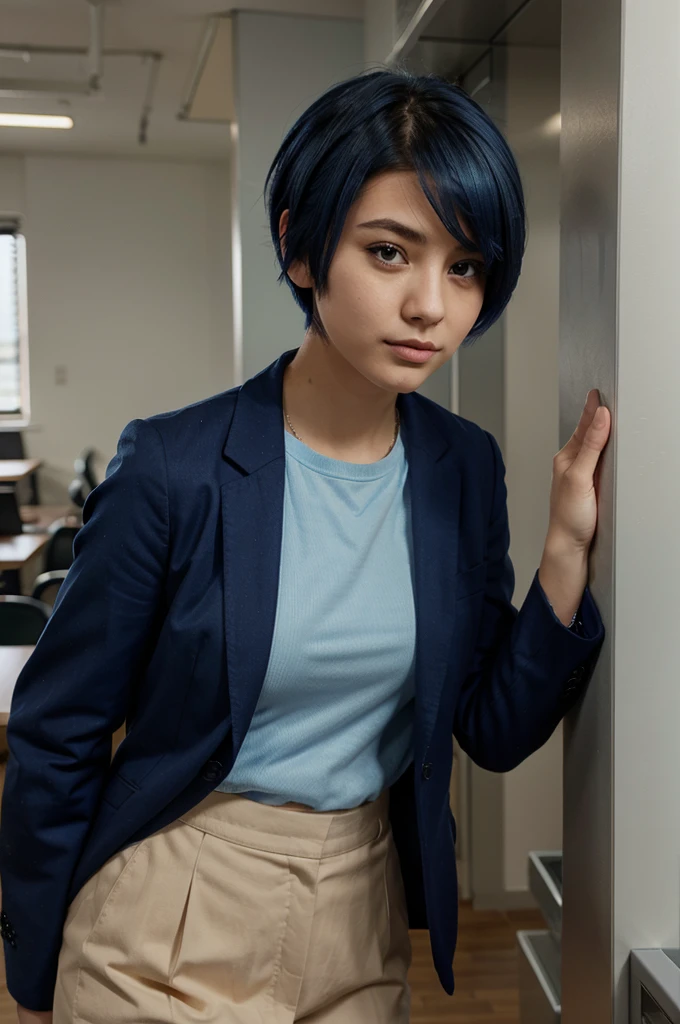 a girl with short blue hair, wearing office clothes, someone who is beautiful, kind but cold
