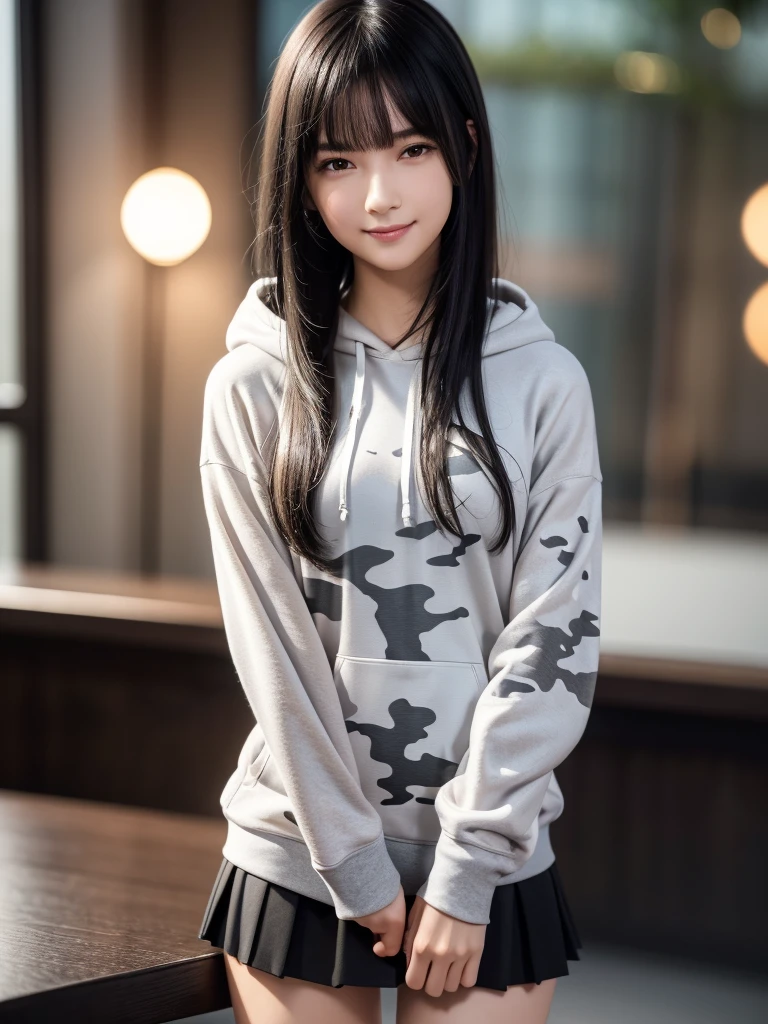 (8k, RAW Photos, Highest quality, Tabletop:1.2), (Realistic, Photorealistic:1.4), (Highly detailed 8K wallpapers), Sharp focus, Depth of written boundary, Blur the background, Bokeh, Cinema Lighting, Soft Light, (whole body), 1 girl,18 years old famous Japanese idol, Perfect female body, indoor, (White and grey camouflage hoodie and black micro mini pleated skirt : 1.3), (Long, slender legs), (smile), Glossy lips, Beautiful fine details,Natural Makeup, Shiny, smooth, medium-long black hair, Asymmetrical bangs, Shiny skin, Center image, High resolution, Attention to detail, Detailed hairstyle, Detailed face, 素晴らしいCinema Lighting, Octane Rendering, Vibrant, Ultra-realistic, Perfect limbs, Perfect ???????