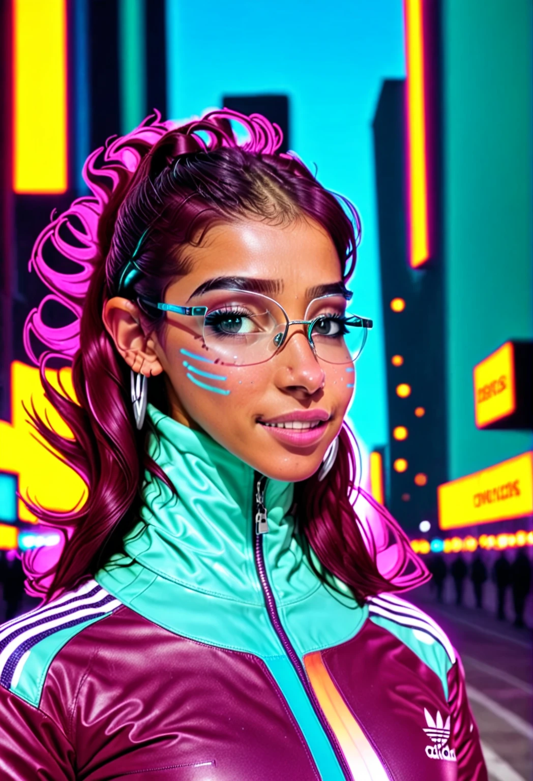 She is at a disco with colorful lights reflecting on her skin. She's a cute 23-year-old Latina with a button nose and straight hair parted in the middle. She's wearing 1980s hip hop clothing, including a maroon leather jacket with many silver, angled and shiny zippers. She also has futuristic tech glasses and glowing earrings. In the background, there's a cityscape. She's wearing an Adidas maroon turtleneck with aqua blue stripes and is posing from the waist up, looking away from the camera and smiling, showing her freckles and a separate buck teeth.