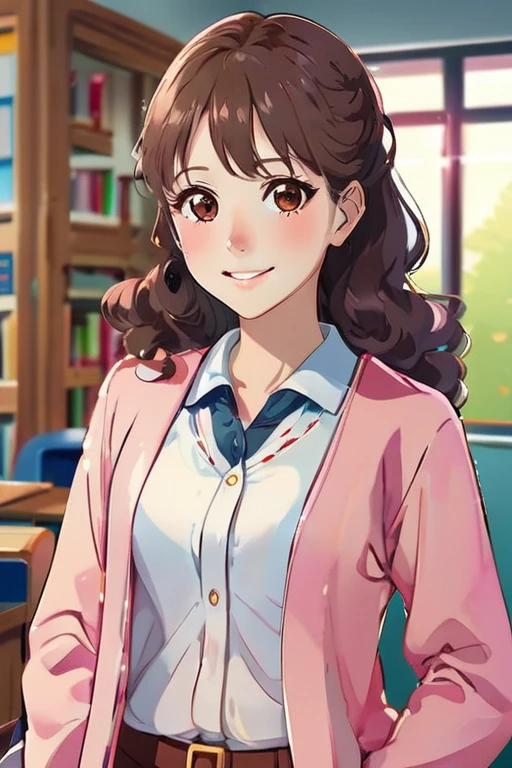 A beautiful student girl smiling, long brown curls, light brown eyes, white skirt, pink cardigan, in a classroom