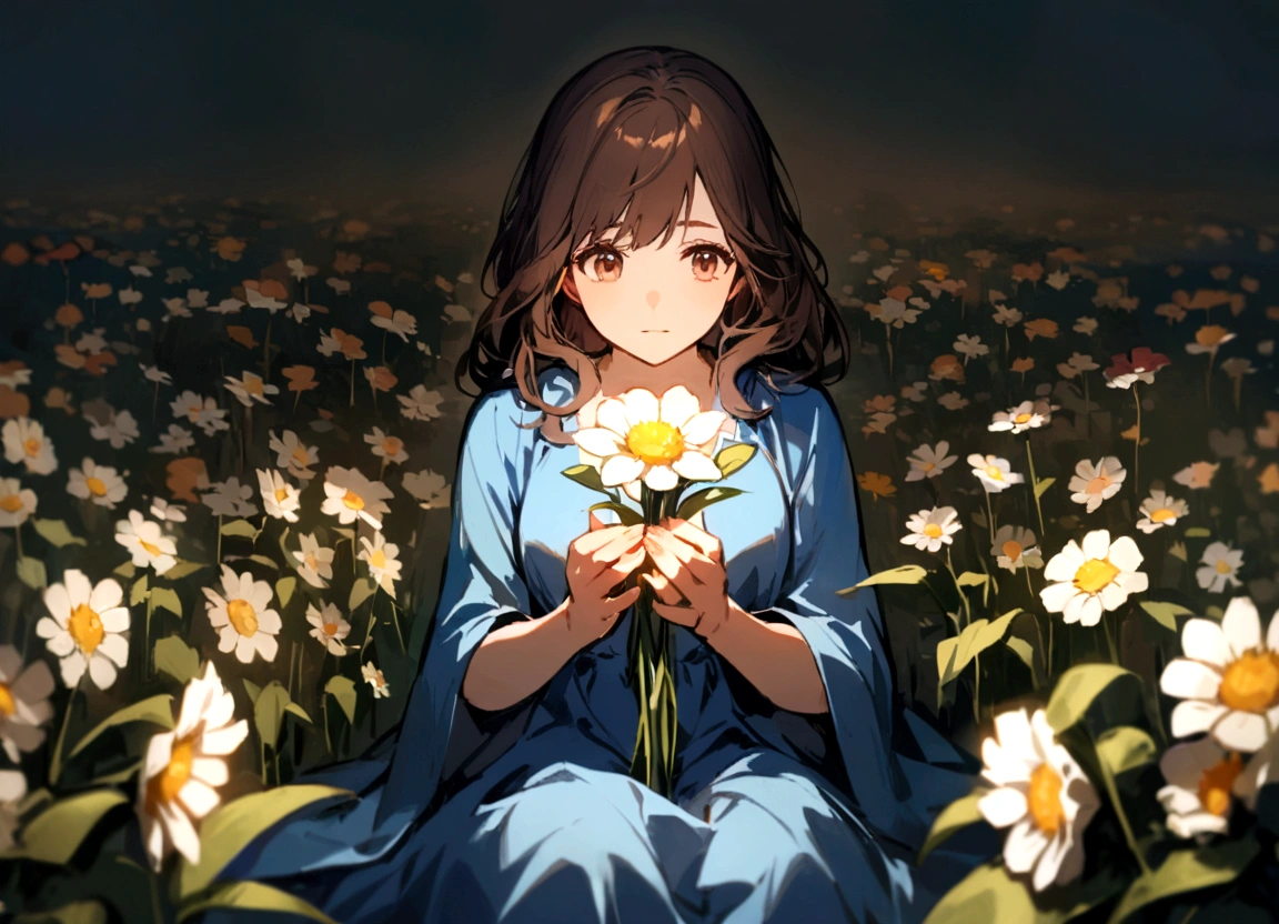 A girl with dark brown hair, brown eyes, blue dress, sitting in a field full of flowers, looking at a flower that she holds in her hands