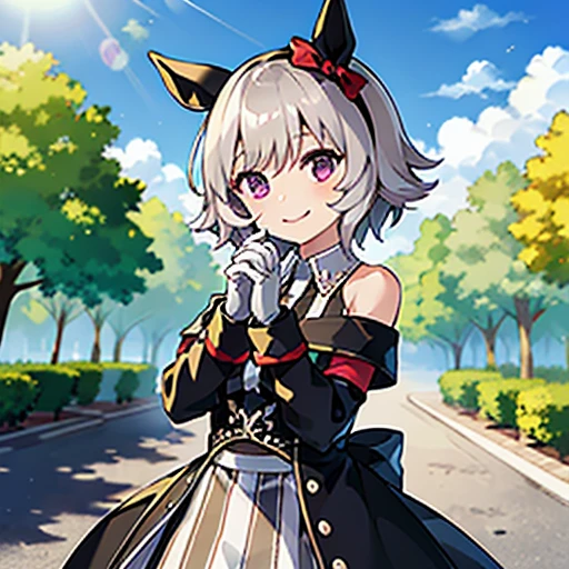 masterpiece, best quality,
curren chan \(umamusume\), smile, park,
vertical-striped dress, bare shoulders, off shoulder, closed mouth, long sleeves, collared dress, gloves, own hands together,
cowboy shot,