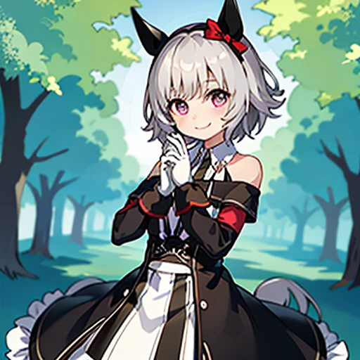 masterpiece, best quality,
curren chan \(umamusume\), smile, park,
vertical-striped dress, bare shoulders, off shoulder, closed mouth, long sleeves, collared dress, gloves, own hands together,
cowboy shot,