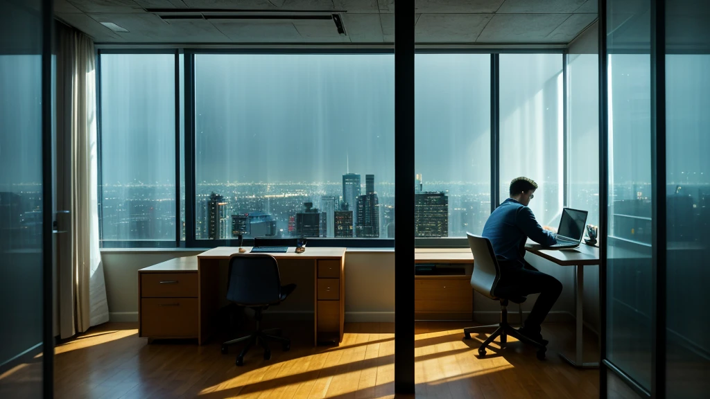 Small room with many things related to studying has a young man using a laptop, behind the glass window is a city at night, rain, global illumination radiating a glowing aura global illumination ray tracing hdr render in unreal engine 5