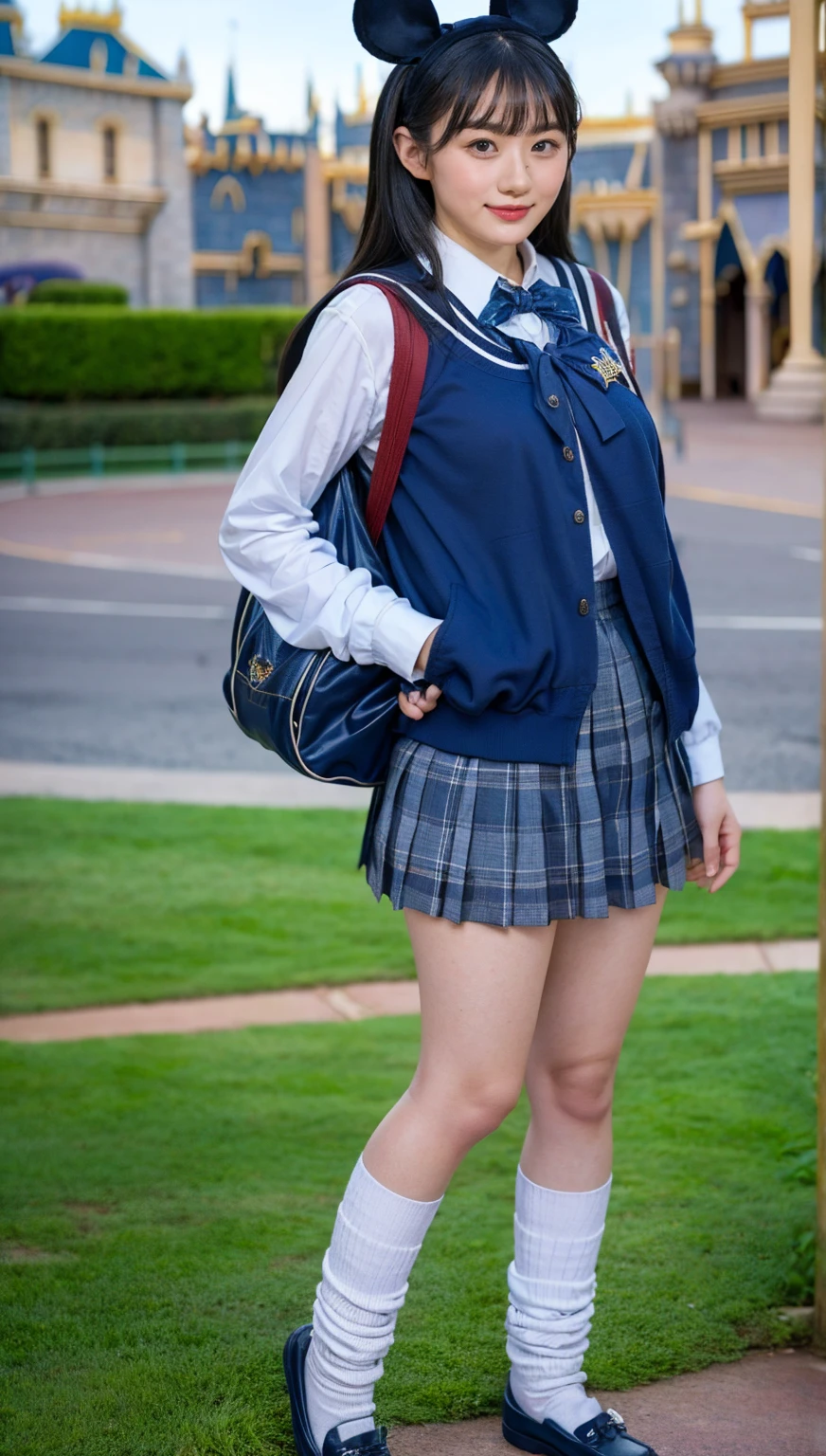 (photorealistic:1.4), fullbody shot, best quality, masterpiece, raw 32k photo, (extremely detailed japanese beautiful girl), (extremely detailed eyes:1.2),(baby face), (cute face:1.2), ultra-detailed, ultra high res, amazing, BREAK,standing,
(school uniform:1.5),detailed school girl, (disneyland:1.4), beautiful detailed girl, bangs, cute face, miniskirt,(baggysocks)