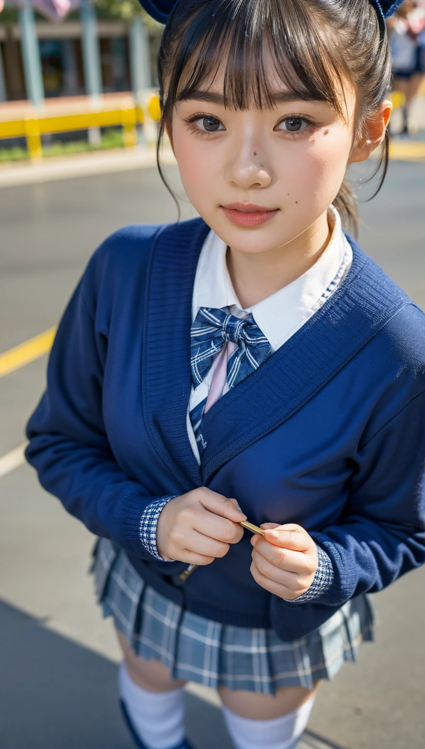(photorealistic:1.4), fullbody shot, best quality, masterpiece, raw 32k photo, (extremely detailed japanese beautiful girl), (extremely detailed eyes:1.2),(baby face), (cute face:1.2), ultra-detailed, ultra high res, amazing, BREAK,standing,
(school uniform:1.5),detailed school girl, (disneyland:1.4), beautiful detailed girl, bangs, cute face, miniskirt,(baggysocks)