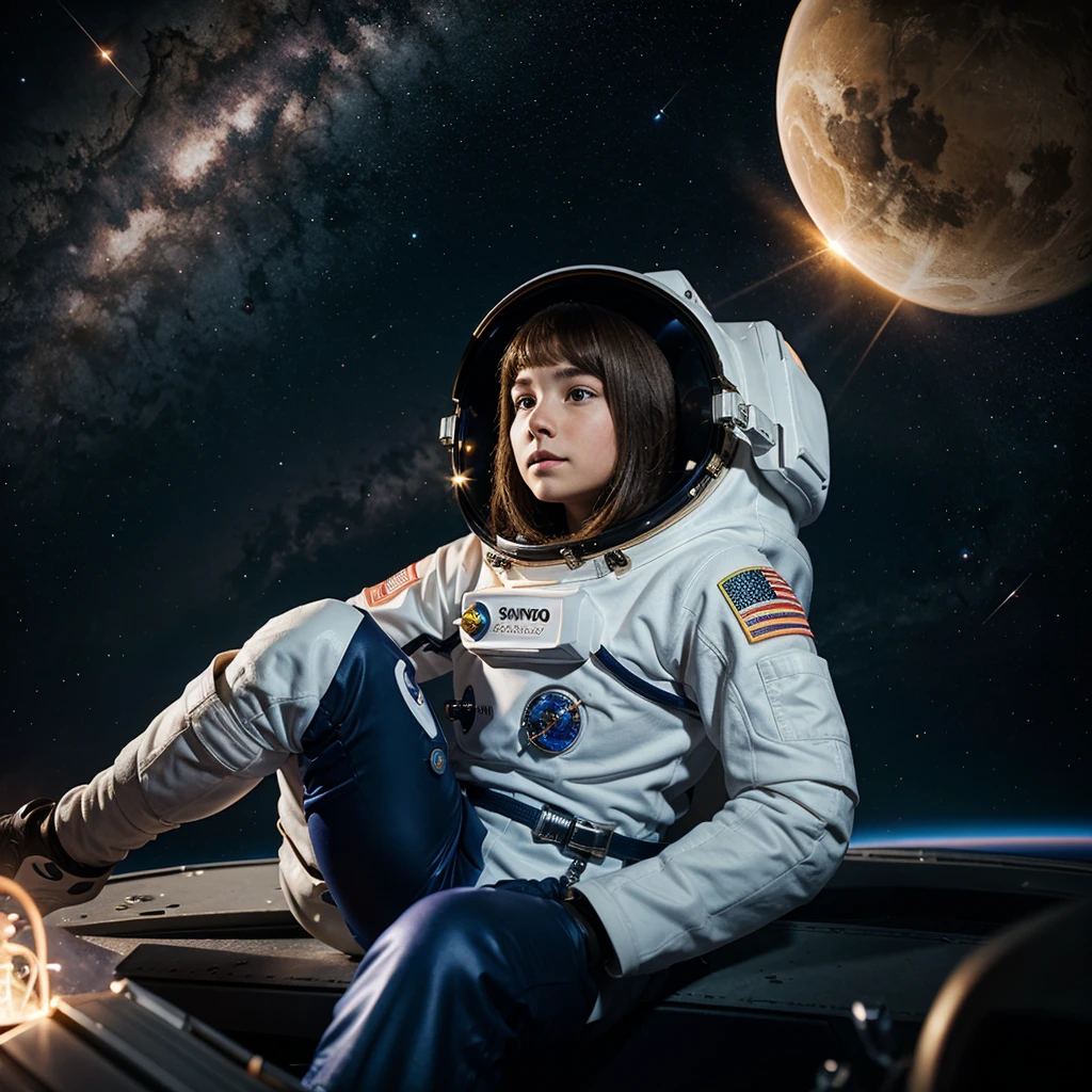 Girl in a spacesuit, sits and looks into the eluminator