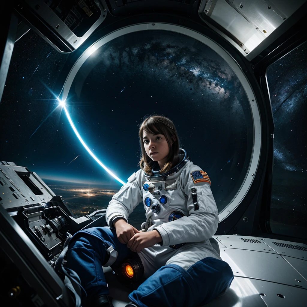 Girl in a spacesuit, sits and looks into the eluminator