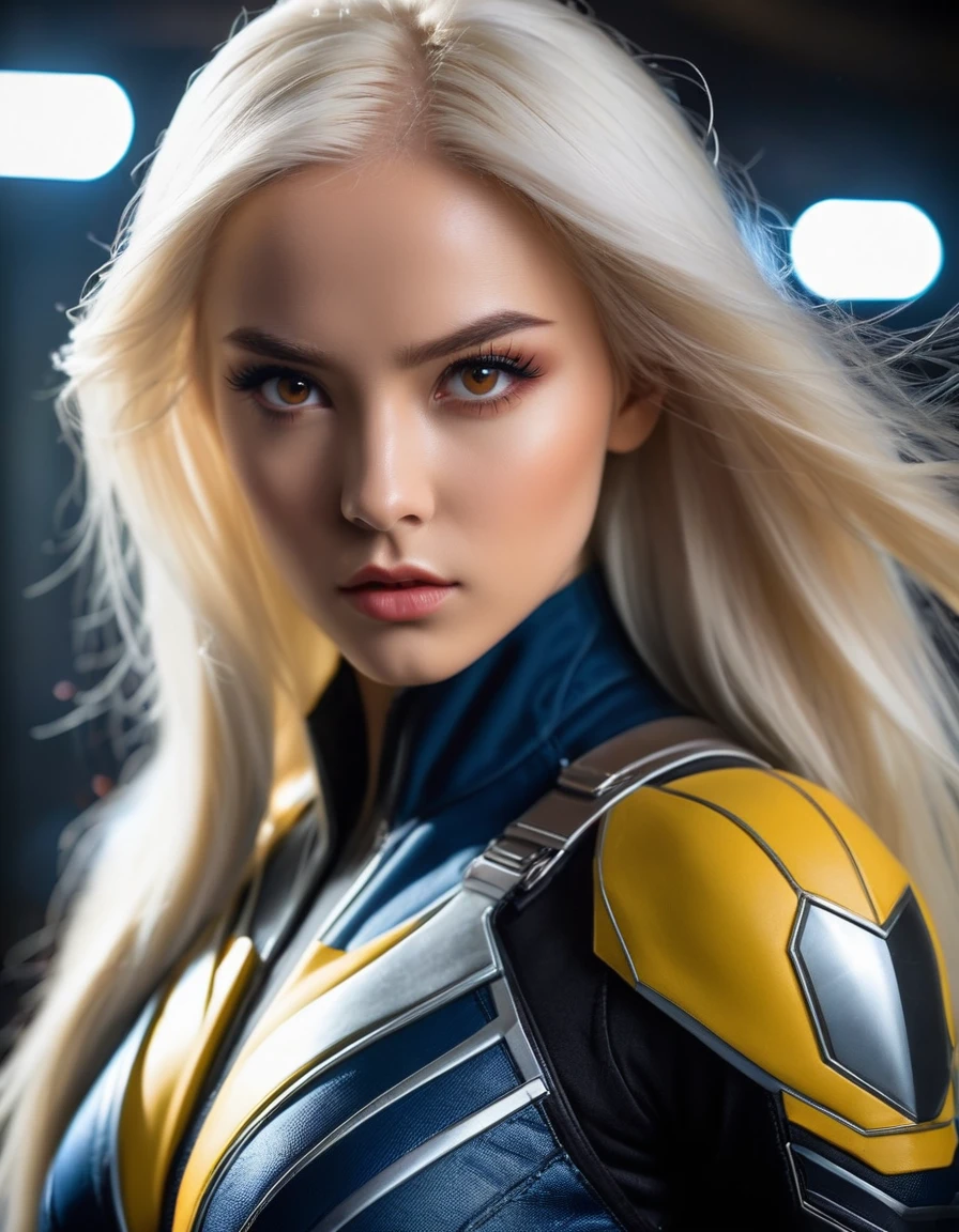 very attractive 25 year old girl with long platinum blonde hair, photorealistic Realism 8K, 16K, Quality: (Hyper absurd quality, extremely detailed detail, hyper resolution, clear sharp focus, not blurry, Realistic brown_eyes), ((perfect dark_eyeshadows:1.45)), (super Detailed, beautiful little nose:1.2), (perfect composition), (storm Cosplay), incredibly similar to the original outfit from the xmen movie, dynamic stance, face focused on the target in the distance, ready to fight, (full body shot), (close up of her face), beautiful cheekbones, double eyelids, dslr, best high quality soft lighting, sharp focus captured by Fujifilm XT3, f 5.6, in a dramatic lighting, ((perfect composition)), ((pale skin)), ((dry skin))