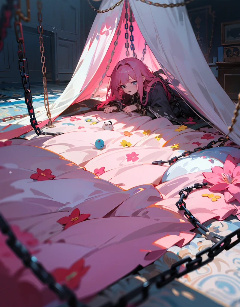 pink room, a large pink bed with a white canopy, dark, nighttime, many toys around the room, stuff animal, chains attached the wall, flower carpet, pink floor, scary, messy room, heavy chains attached the bedposts