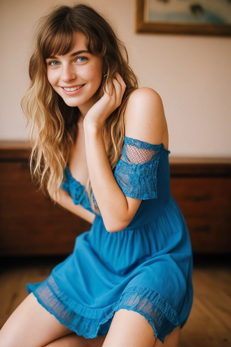 realistic photo of a 18-year-old girl, beautiful face, cute appearance, blue eyes, long wavy blonde hair with bangs, freckles, in an off-shoulder dress,  relaxed expression, brimming with emotion, interplay of contrast along with detailed light and shadow, depth of field, dark atmosphere with candlelight scenario, with long legs wearing sexy fishnet underwear, arms up, full body, long legs, Upturned and beautiful nose, Thick lips, seductive smile, squatting