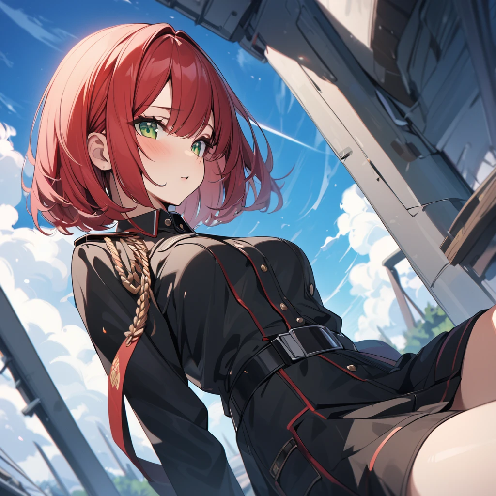 High quality, HD, 4k, Beautiful girl, teenager, red hair, green eyes, shprt hair, bob cut, medium breast, black military uniform