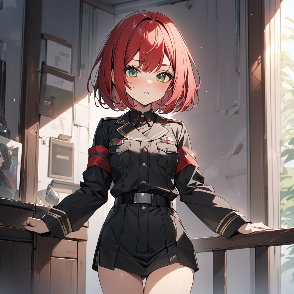 High quality, HD, 4k, Beautiful girl, teenager, red hair, green eyes, shprt hair, bob cut, medium breast, black military uniform