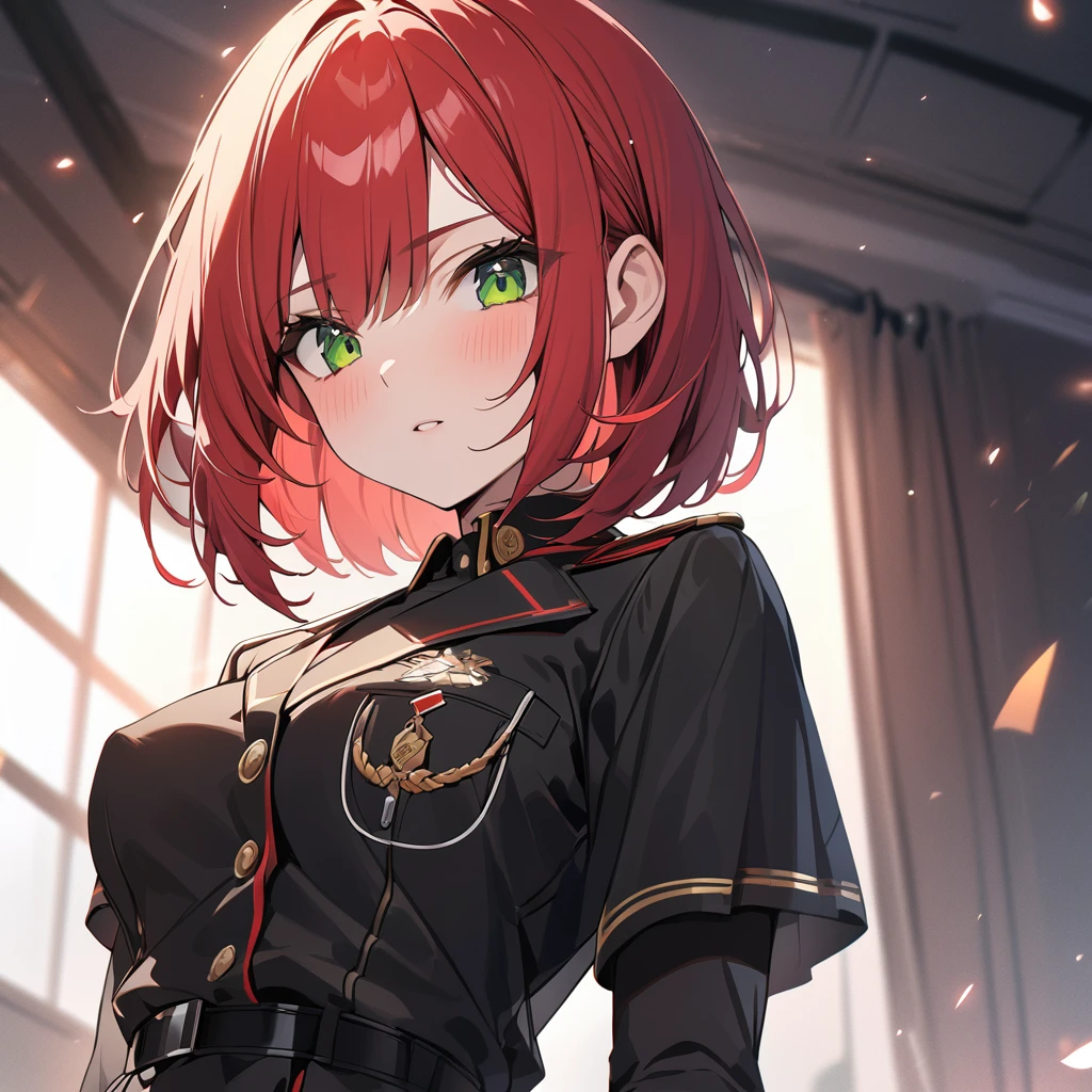 High quality, HD, 4k, Beautiful girl, teenager, red hair, green eyes, shprt hair, bob cut, medium breast, black military uniform