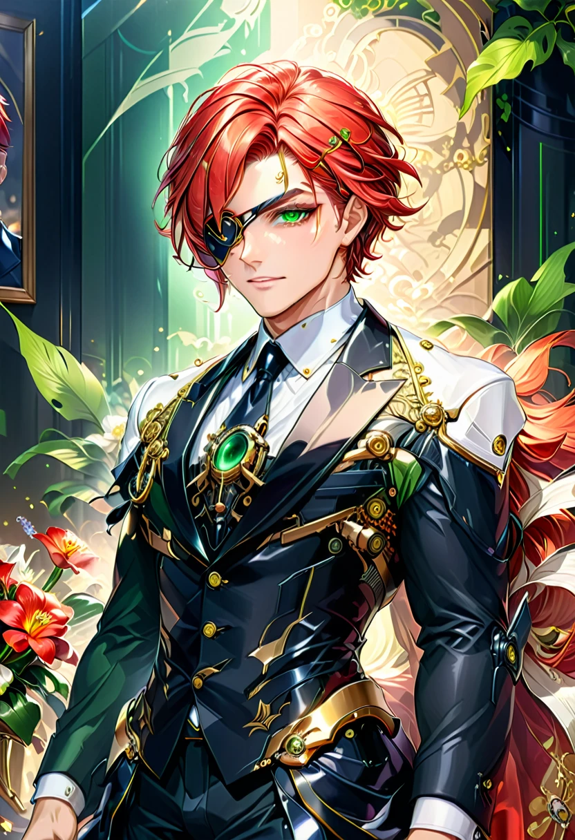 Arafed a portrait of a human male spy, wearing dark suit, wearing ((mecha eye patch)), ((eye patch covering only one eye: 1.5)) exquisite beautiful male, red hair, short crop hair, green eyes, ((the eye patch has intricate mechanical part in it: 1.4)), high society gala event background, (Masterpiece: 1.5), 16k, highres, best quality, high details, ultra detailed, masterpiece, best quality, (extremely detailed),