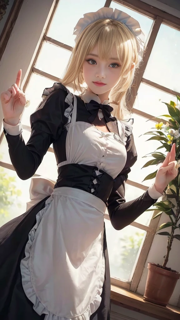 anime character dressed in Maid outfit standing in front of a window, anime girl in a Maid costume, Maid outfit, gorgeous Maid, Maid, Beautiful and detailed anime art, Maid dress, anime cat girl in a Maid costume, in dress, a Maid in a magical forest, Catboy Cosplay! Maid! dress, From Girls Frontline, wearing Maid uniform, (((Middle finger hand sign))), (Anatomically correct hand:1.3), (Detailed hands:1.2), (Detailed eyes and face:1.2), (Perfect Anatomy:1.2), (Blonde Hair:1.2), Beautiful breaower pot, ribbon, (Beautiful Face, Baby Face:1.2, Idol Face), Slender body line, Small and slender figure, (Highest quality, 8k, masterpiece:1.2), Ultra-detailed, (Reality:1.4), Narrow waist,