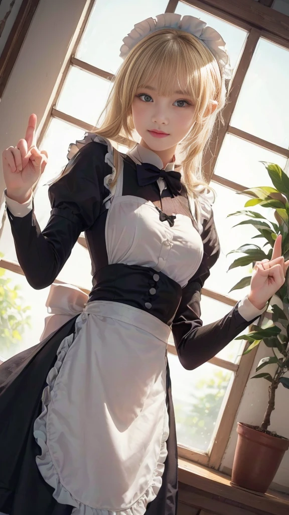 anime character dressed in Maid outfit standing in front of a window, anime girl in a Maid costume, Maid outfit, gorgeous Maid, Maid, Beautiful and detailed anime art, Maid dress, anime cat girl in a Maid costume, loli in dress, a Maid in a magical forest, Catboy Cosplay! Maid! dress, From Girls Frontline, wearing Maid uniform, (((Middle finger hand sign))), (Anatomically correct hand:1.3), (Detailed hands:1.2), (Detailed eyes and face:1.2), (Perfect Anatomy:1.2), (Blonde Hair:1.2), Beautiful breasts, flower pot, ribbon, (Beautiful Face, Baby Face:1.2, Idol Face), Slender body line, Small and slender figure, (Highest quality, 8k, masterpiece:1.2), Ultra-detailed, (Reality:1.4), Narrow waist,