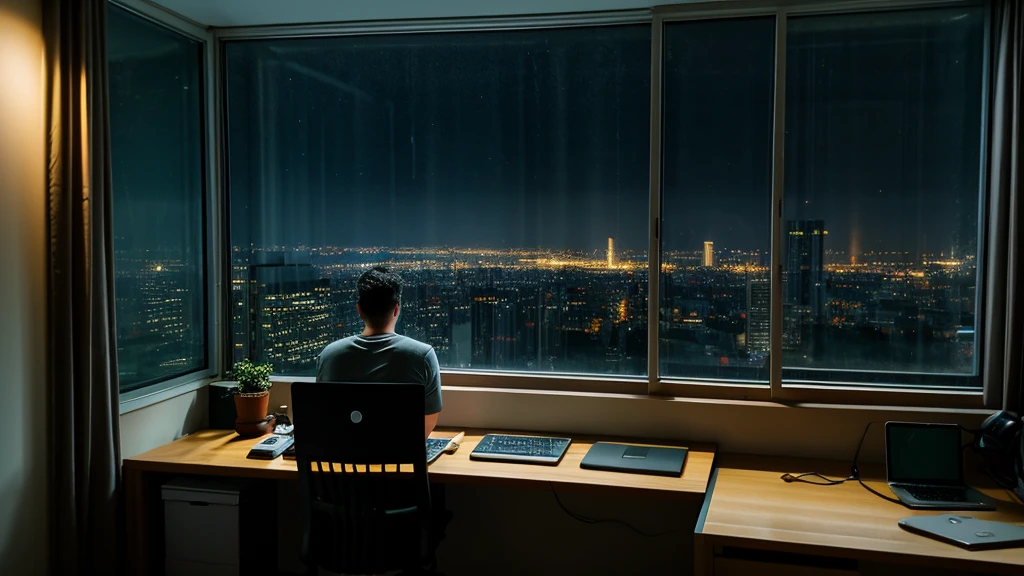 Small room with many things related to studying has a young man using a laptop, behind the glass window is a city at night, rain, global illumination radiating a glowing aura global illumination ray tracing hdr render in unreal engine 5