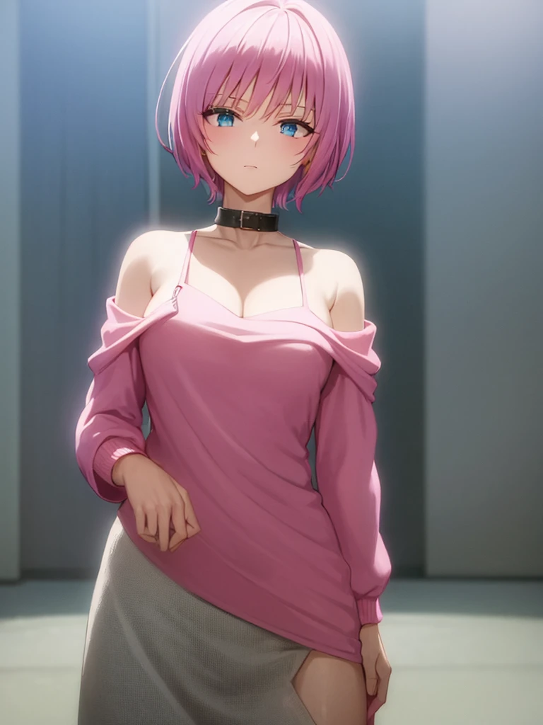 A woman wearing a revealing pink sweater dress with a chain around her neck and off-the-shoulder sleeves. The dress is short and tight, and she is looking at the camera with a seductive expression. Anime, soft, pastel colors.