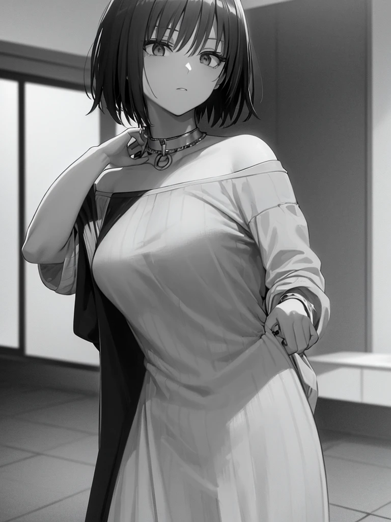A woman wearing a revealing pink sweater dress with a chain around her neck and off-the-shoulder sleeves. The dress is short and tight, and she is looking at the camera with a seductive expression. Anime, soft, pastel colors.