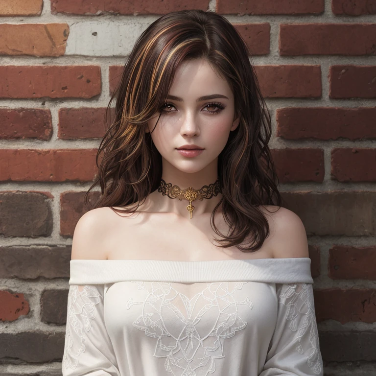 ultra realistic 8k cg, masterpiece, ((ultra detailed background, delicate pattern, intricate detail)), best quality, intricate details, chromatic aberration, 1girl, long hair, golden hair, messy hair, red highlights, hair over one eye, sharp eyes, choker, brick wall, graffiti, dim lighting, alley, oversized shirt,off shoulder, see through white shirt, Masterpiece, best quality