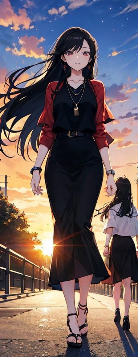 High resolution, high resolution,2D Anime Style,,Cool guy,Mature look, Two people ,20th Generation,Long hair, black Hair,Red eyes,Beautiful watch,Beautiful earrings,Beautiful necklace,Dark Fashion,she is smiling a little, sunset, pretty road, two ladies walking, two women