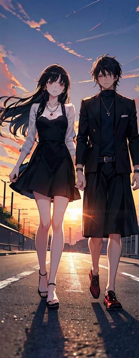 High resolution, high resolution,2D Anime Style,,Cool guy,Mature look, Two people ,20th Generation,Long hair, black Hair,Red eyes,Beautiful watch,Beautiful earrings,Beautiful necklace,Dark Fashion,she  is smiling a little, sunset, pretty road, two ladies walking, two women