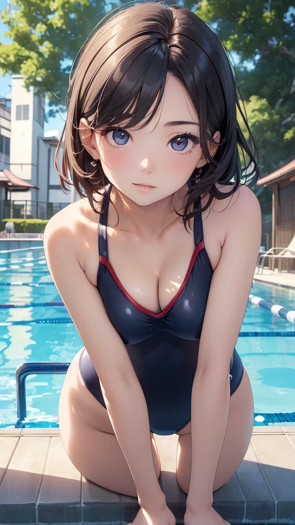 (((masterpiece))),(((High resolution))), (((perfect face)))、(((Japan beauty)))、, (((swimsuit))), ((top quality eyes)), detailed texture, ((high resolution face)), (at the swimming pool), (((leaning forward)))