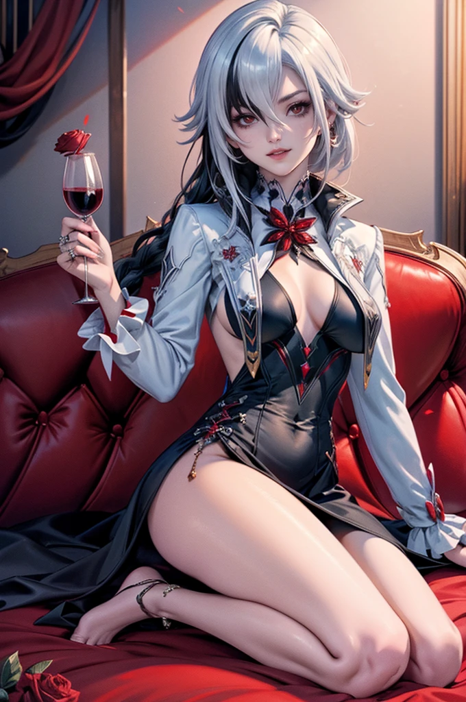 Arlecchino_(genshin impact), red roses, ornament hair, roses on her hair, succubus, a vampire girl, holding a calice with wine, black hair, white hair, long hair, seat on a sofa, gothic style, gothic architecture, black lantern, black dress, more details on her clothes, golden details, night, smiling, coat,