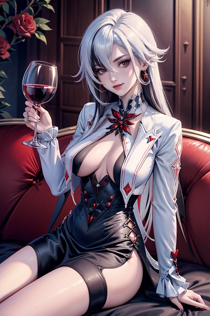 Arlecchino_(genshin impact), red roses, ornament hair, roses on her hair, succubus, a vampire girl, holding a calice with wine, black hair, white hair, long hair, seat on a sofa, gothic style, gothic architecture, black lantern, black dress, more details on her clothes, golden details, night, smiling, coat,