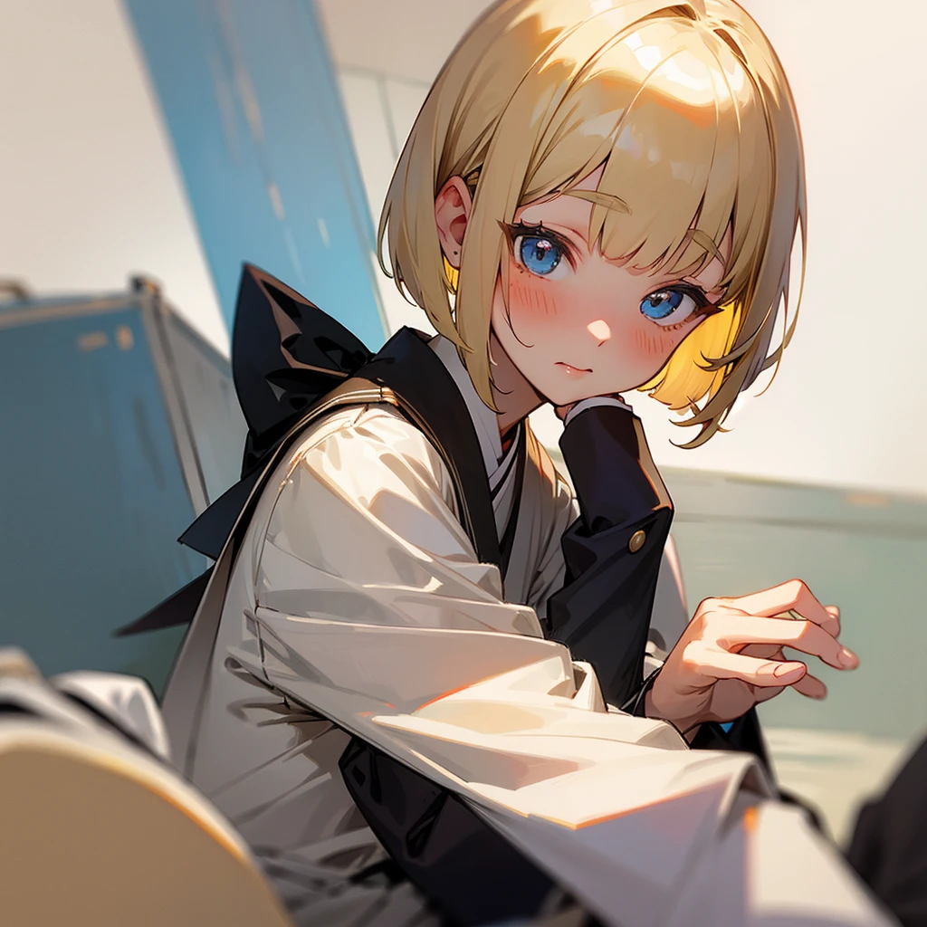Japanese Girls、blonde、Black hairline、Bobcut、wearing uniform,Blushing、School