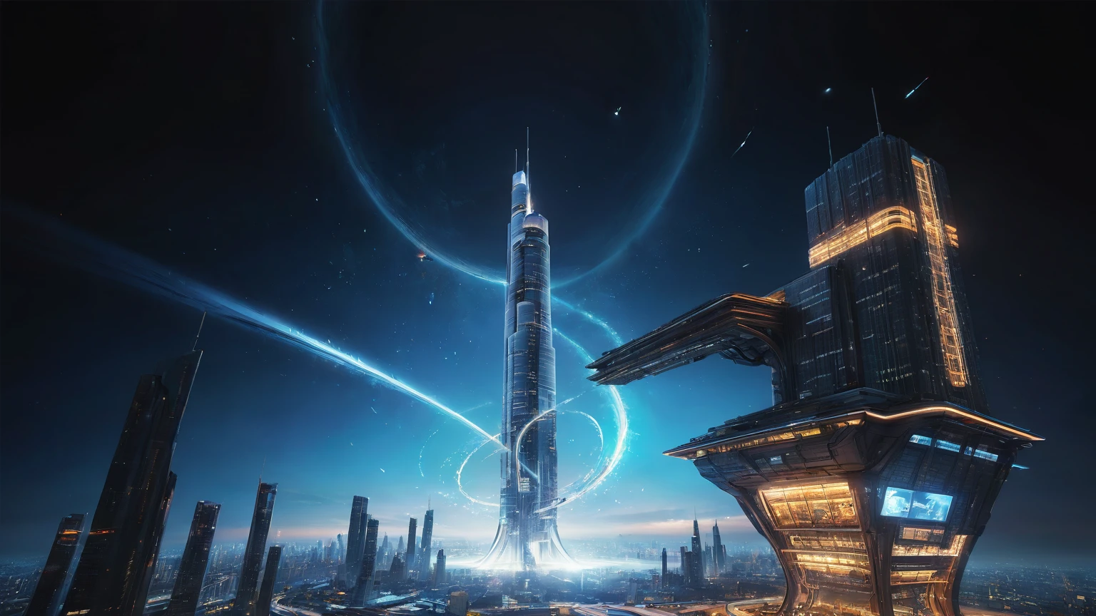 brightly colored abstract image of a space station with a spiral, epic beautiful space scifi, chaotic cinematic space rift, greg beeple, (((((flying cars, 1drone))))), planets colliding, beeple and tim hildebrandt, beeple and jean giraud, end of the universe, galaxy space sci-fi, ringworld, by Mike "Beeple" Winkelmann. Matrix style, (((((Matrix cascading code))))), (((((a futuristic twin tower skyscraper with a unique twisted design))))), (((((OLED GUI interfaces in the building))))), at night, (((((1girl, solo))))), photo realistic, (((large-breast:1.2 slim body, cleavage))), (((off broken mini sling-shirt and black sling bra, extreamly short pleated miniskirt exposing panty))), (((((running pose))))), (((((((matrix style black micro sunglasses))))))), ((((((((((aiming with a short gun)))))))))), (((((looking at camera))))), (((very low view))), (((((half-body thigh level medium shot))))), (((cinematic lighting))).