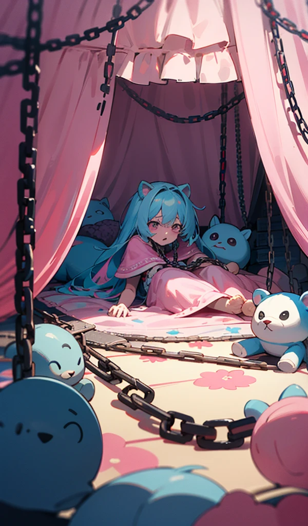 pink room, a large pink bed with a white canopy, dark, nighttime, many toys around the room, stuff animal, chains attached the wall, flower carpet, pink floor, scary, messy room, heavy chains attached the bedposts