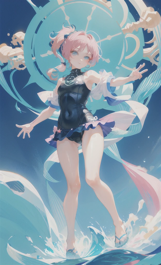 (Character Design、Full-body portrait )Cute swimsuit girl、Pink Hair、The hairstyle is a short ponytail 、Odd Eye 、The color of the swimsuit is light green. 、She's making a cute pose