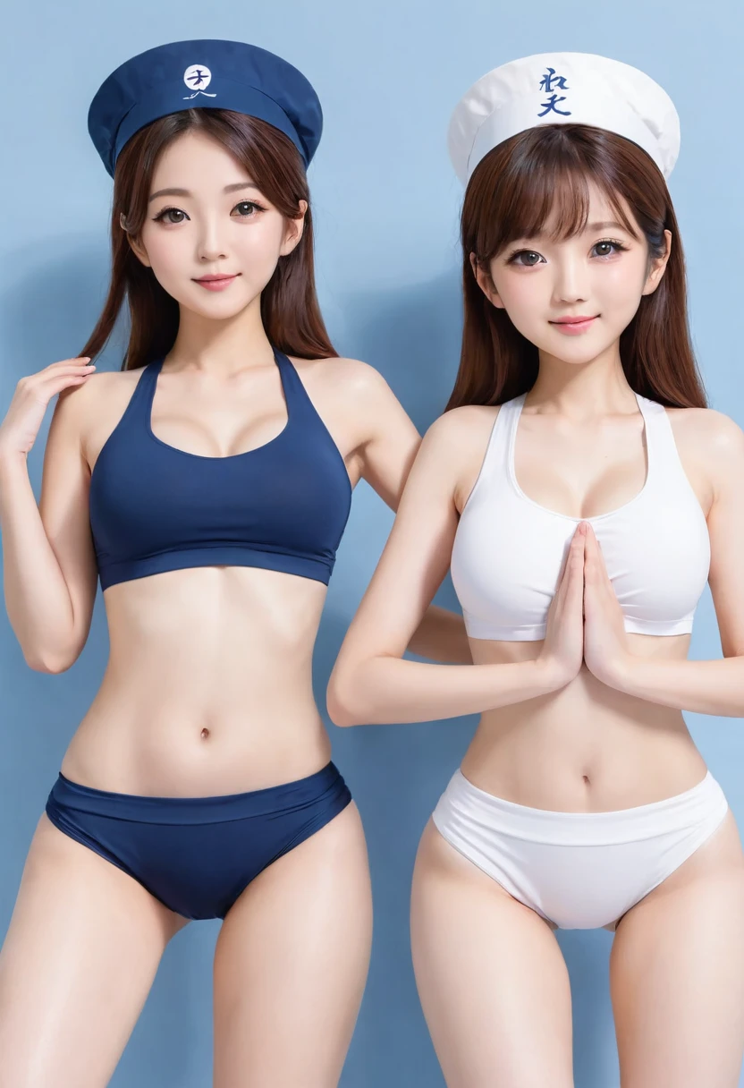 Create an image of a group of Japanese women doing yoga wearing tiny bikinis and nurse caps .Their nippkes are all erected.Please prepare 4 patterns that show your whole body.。Age: 20。Weight: 50kg。Height: 160cm。Bust E Cup。The waist is constricted,、The abdominal muscles are slightly visible.。Her limbs and butt are as slim as a model&#39;s.The bikini pants are shaped like a thong.。Has a sexy expansion.