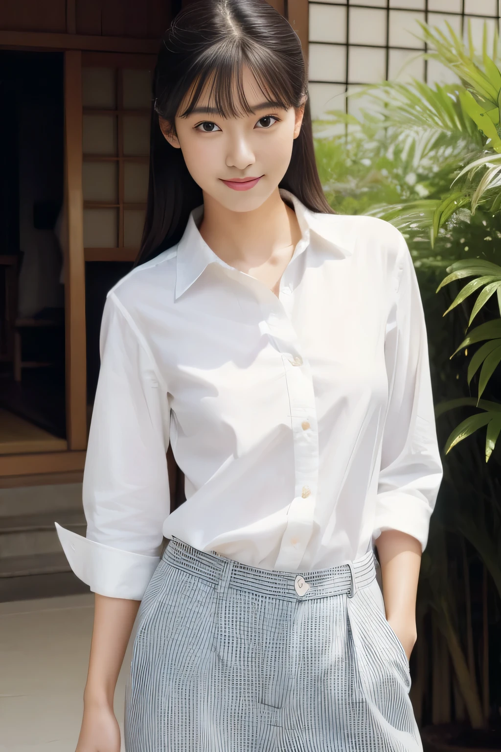 (masterpiece、High resolution、high quality),(1 Girl), Japanese,Beautiful woman、Supermodel、Beautiful Skin、Yamadera、Beautiful body、shirt、pants、