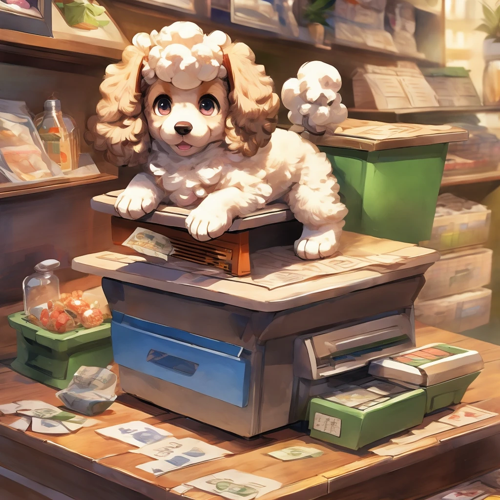 Inside the pet shop、A poodle puppy in a box on top of a cash register