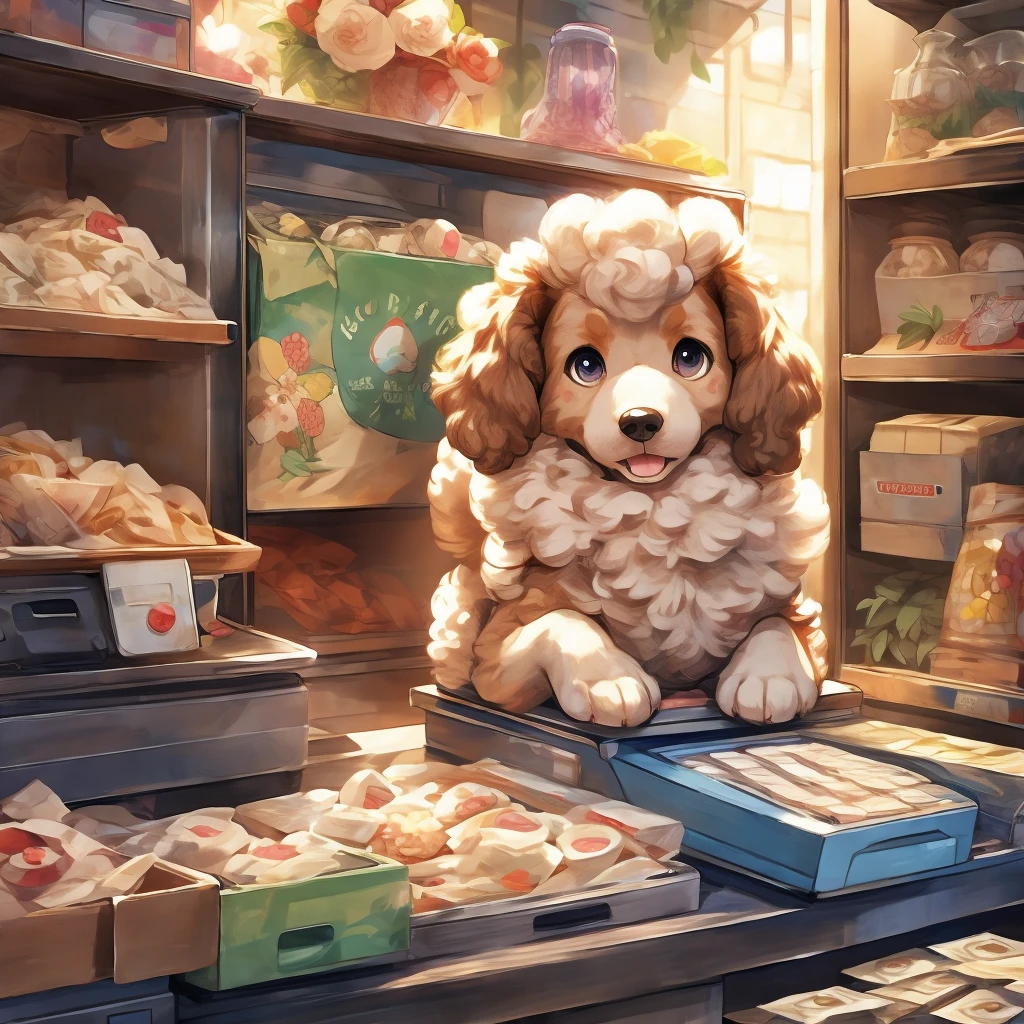 Inside the pet shop、A poodle puppy in a box on top of a cash register