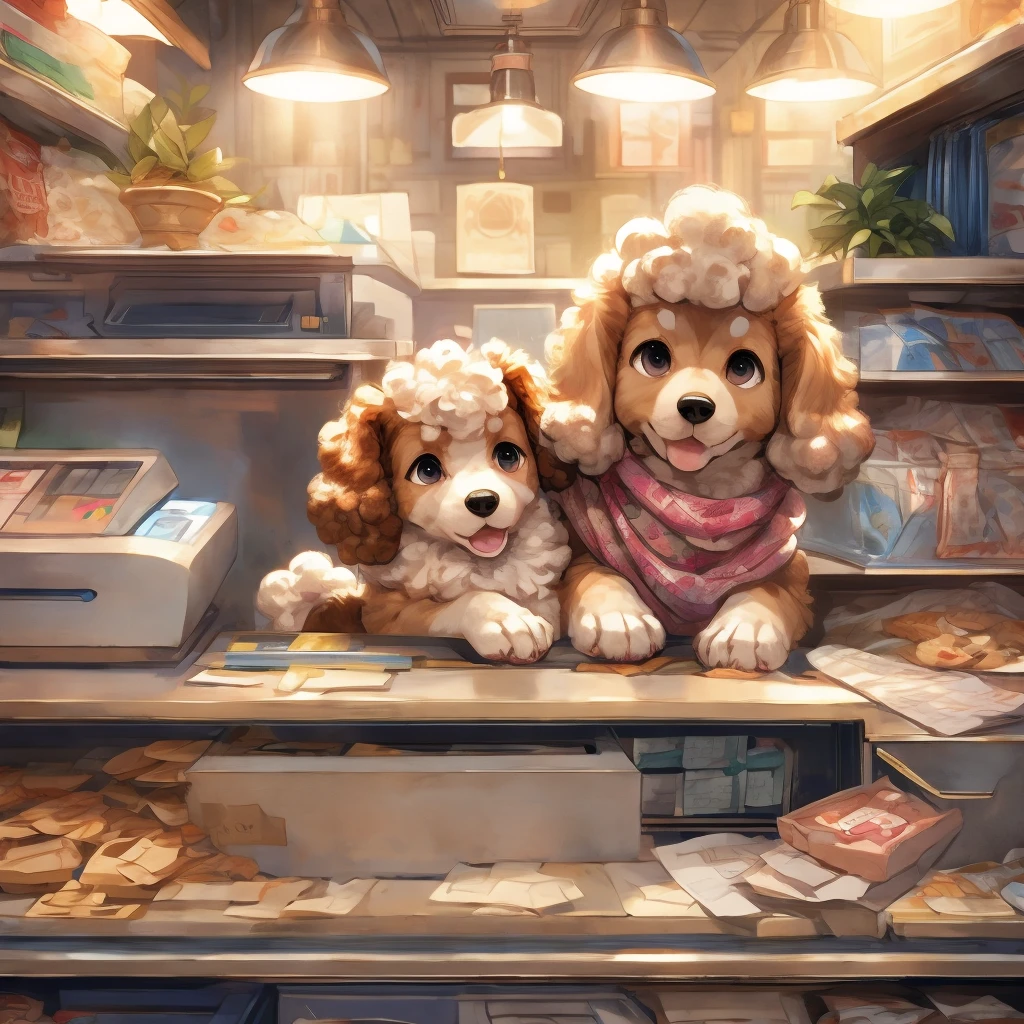 Inside the pet shop、A poodle puppy in a box on top of a cash register
