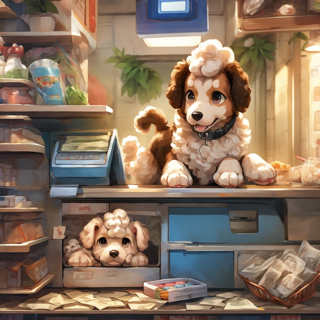 Inside the pet shop、A poodle puppy in a box on top of a cash register